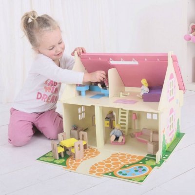 Bigjigs Toys přenosný dřevěný domeček pro panenky - obrázek