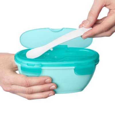 Skip Hop miska s lžičkou v ochranném pouzdře Easy Serve - Teal - obrázek