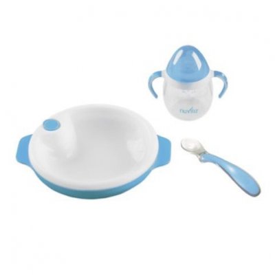 Nuvita set termotalířku s silikonovou lžičkou a hrnečkem - Pastel Blue - obrázek