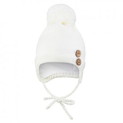 Little Angel čepice pletená zavazovací bambule a knoflíky Outlast® - Natur, vel. 1