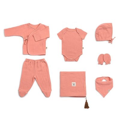 FunnaBaby mušelínový novorozenecký set 8dílný - Coral Pink, vel. 0 - 3 m