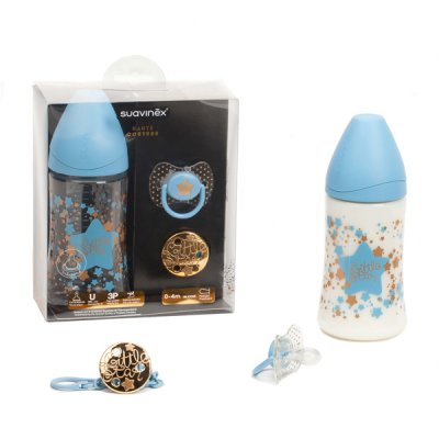 Suavinex Haute Couture set lahvička 270 ml + dudlík 0-4m + klip na dudlík - Kluk
