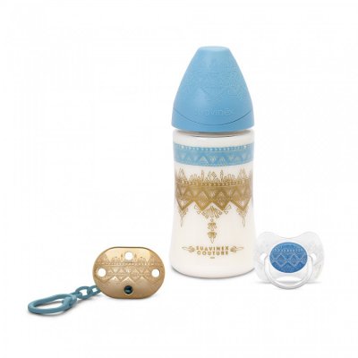 Suavinex Haute Couture set lahvička 270 ml + dudlík 0-4m + klip na dudlík - Modrá