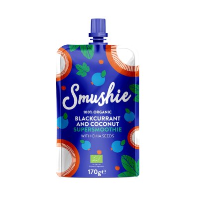 Salvest Smushie BIO ovocné smoothie s černým rybízem, kokosovým mlékem a chia semínky - 170 g, 36 m+ - obrázek