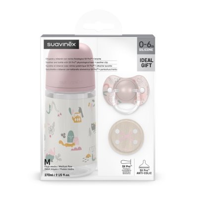 Suavinex Walk Sada láhev 270ml + dudlík fyziologický 0 - 6 m + klip - Růžová - obrázek