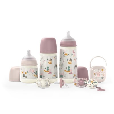 Suavinex Walk Sada láhev 270ml + dudlík fyziologický 0 - 6 m + klip - Růžová - obrázek