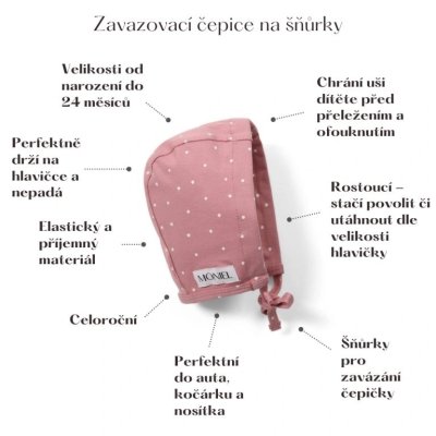 Moniel Dětská rostoucí zavazovací čepice Dots - Růžová, vel. 0 - 2 m - obrázek