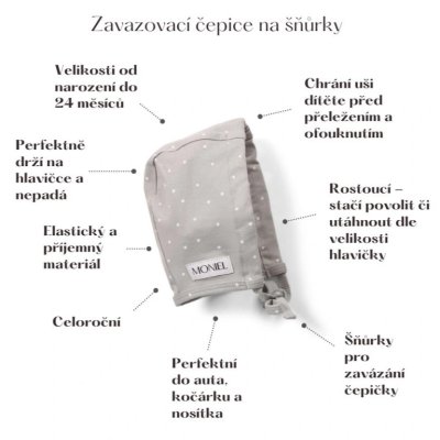 Moniel Dětská rostoucí zavazovací čepice Dots - Šedá, vel. 0 - 2 m - obrázek