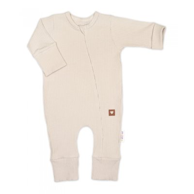 Baby Nellys Rostoucí žebrovaný overálek s čepičkou a botičkami Nature - Světle béžová, vel. 50/56 - obrázek