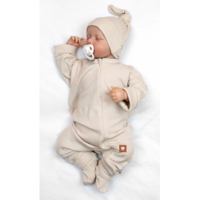 Baby Nellys Rostoucí žebrovaný overálek s čepičkou a botičkami Nature - Světle béžová, vel. 50/56 - obrázek