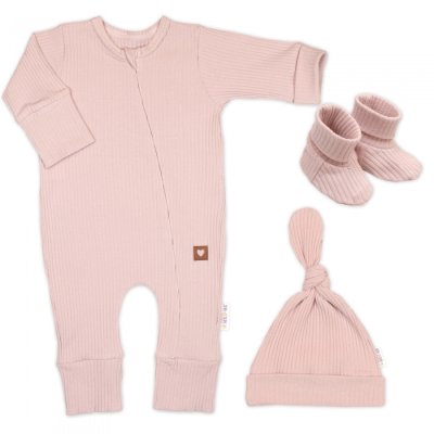 Baby Nellys Rostoucí žebrovaný overálek s čepičkou a botičkami Nature - Pudrově růžová, vel. 50/56 - obrázek