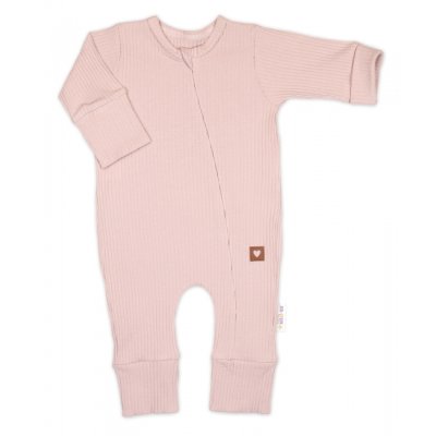Baby Nellys Rostoucí žebrovaný overálek s čepičkou a botičkami Nature - Pudrově růžová, vel. 50/56 - obrázek