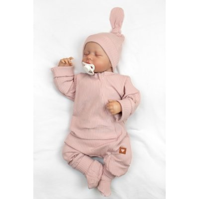 Baby Nellys Rostoucí žebrovaný overálek s čepičkou a botičkami Nature - Pudrově růžová, vel. 50/56 - obrázek
