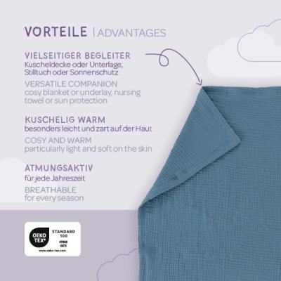 Träumeland Mušelínová deka 100 x 75 cm - Jeansblau - obrázek