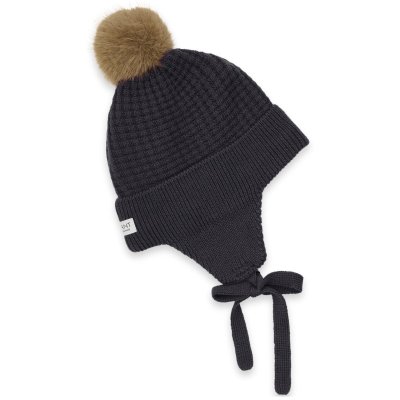 En Fant Pletená čepice s bambulí a zavazováním - Ebony, vel. 50