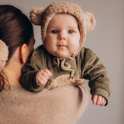 Wooly Organic Plyšová čepička s oušky a merino podšívkou - Savannah, vel.38/40