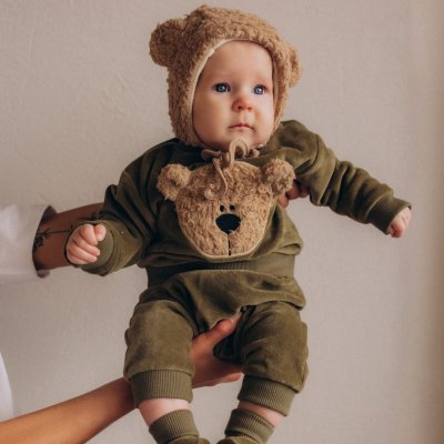 Wooly Organic Světřík s nášivkou medvídka - Tea Leaf/Savannah, vel. 86/92