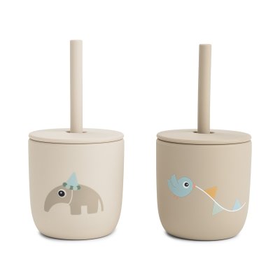 Done by Deer Set hrnečků s brčkem Celebration 2 ks - Pískové