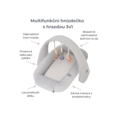 Sleepee Multifunkční hnízdečko pro miminko s hrazdičkou a hračkami 3v1 - Sand - obrázek