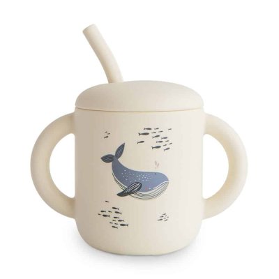 Mushie Silikonový tréninkový hrneček s brčkem - Whales