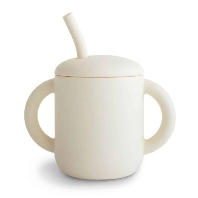 Mushie Silikonový tréninkový hrneček s brčkem - Ivory