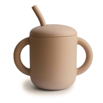 Mushie Silikonový tréninkový hrneček s brčkem - Natural