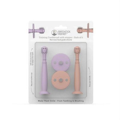 Matchstick Monkey Tréninkový zubní kartáček se zátkou - Dusty Pink/Lilac - obrázek