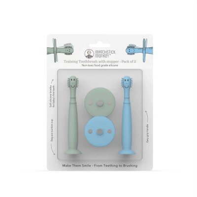 Matchstick Monkey Tréninkový zubní kartáček se zátkou - Mint Green/Light Blue - obrázek