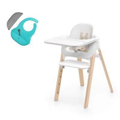 Stokke Steps Židlička + Set bryndáků - White/Natural/Aqua/Grey
