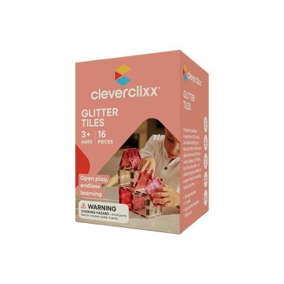 Cleverclixx Magnetická stavebnice Transparent Glitter Tiles Pack - Růžová, 16 ks