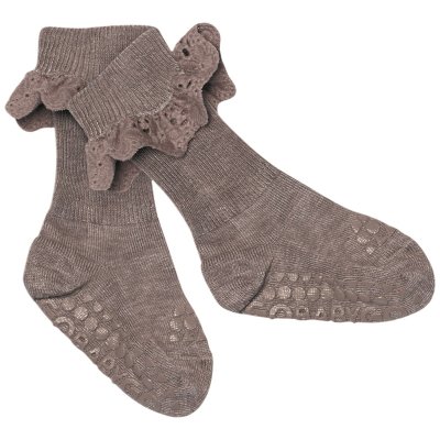 GoBabyGo Protiskluzové ponožky s volánkem Merino Wool - Light Brown Melange, vel. 6 - 12 měsíců