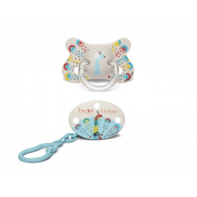 Suavinex FUSION fyziologický dudlík silikon + klip na dudlík - Páv  4 - 18 m